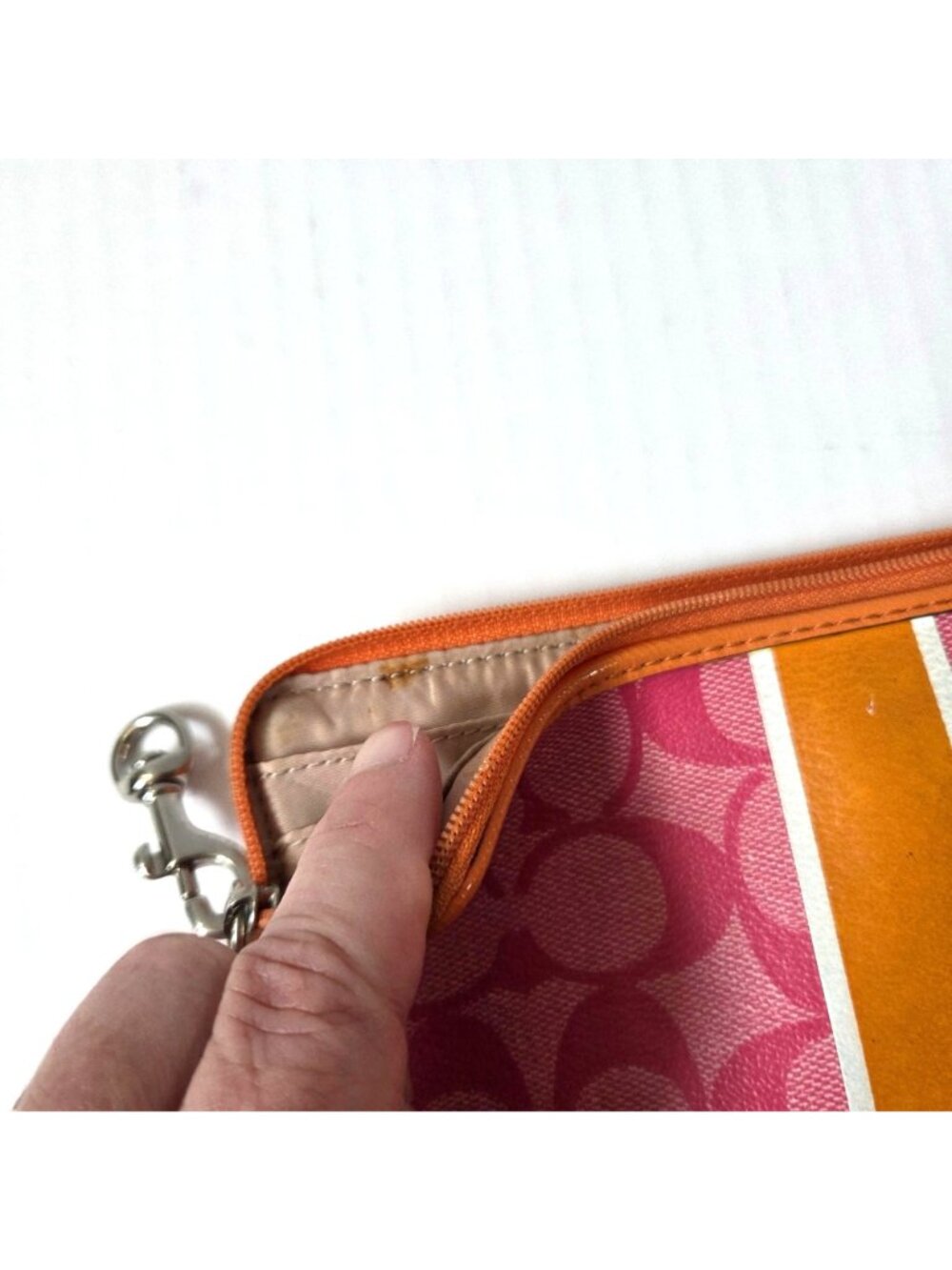 Coach Wallet Pink Orange Signature Stripe Coated Canvas Double Zip Wristlet - Picture 12 of 12